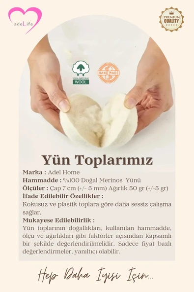 adeLife® % 100 Yün, Çamaşır Kurutma Topları (3'lü Paket)+10 ml Lavanta Yağı+Keten Saklama Torbası - 2