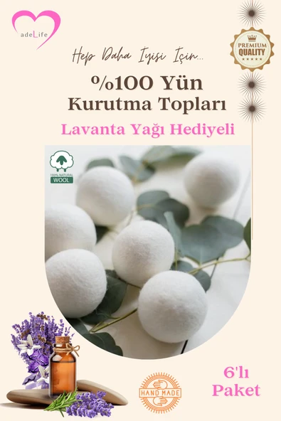 adeLife® % 100 Yün, Çamaşır Kurutma Topları (6'lı Paket)+10 ml Lavanta Yağı+2 Adet Keten Saklama Torbası