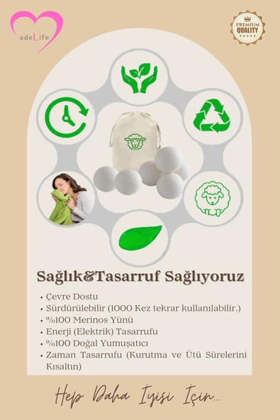 adeLife® % 100 Yün, Çamaşır Kurutma Topları (3'lü Paket)+Keten Saklama Torbası - 3