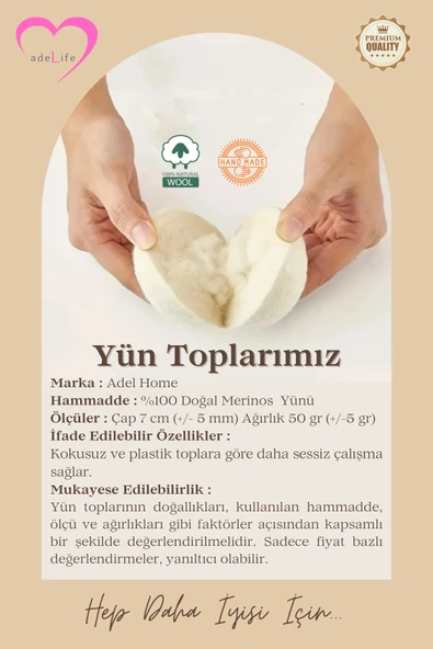 adeLife® % 100 Yün, Çamaşır Kurutma Topları (3'lü Paket)+Keten Saklama Torbası - 2