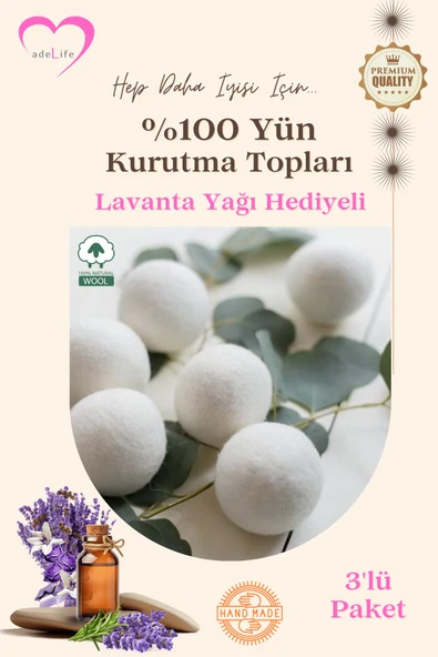 adeLife® % 100 Yün, Çamaşır Kurutma Topları (3'lü Paket)+10 ml Lavanta Yağı+Keten Saklama Torbası