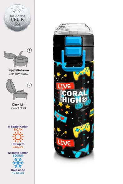 Coral High Çelik Matara Termos/Suluk 31984 - 500ml, Erkek Çocuk - Siyah Mavi Gamer - Resim 2