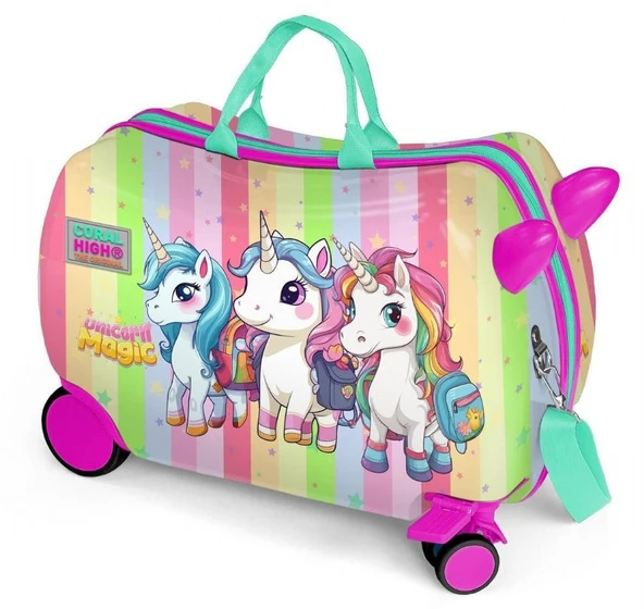 Coral High Otur-Çek Kız Çocuk Valizi - Yeşil Pembe Unicorn