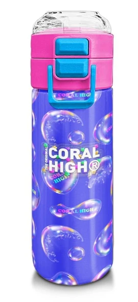 Coral High Kız Çocuk İçin 500 ml'lik Paslanmaz Çelik Termos/Suluk - Lavanta Pembe Baloncuk Desenli