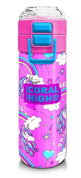 Coral High Kız Çocuk İçin 500 ml'lik Paslanmaz Çelik Termos/Suluk - Mor Açık Pembe Unicorn Desenli