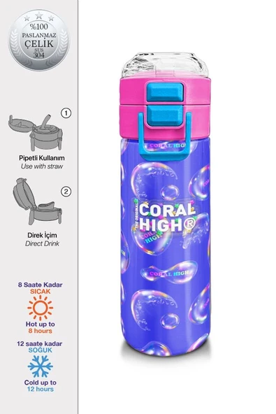 Coral High Kız Çocuk İçin 500 ml'lik Paslanmaz Çelik Termos/Suluk - Lavanta Pembe Baloncuk Desenli - 2
