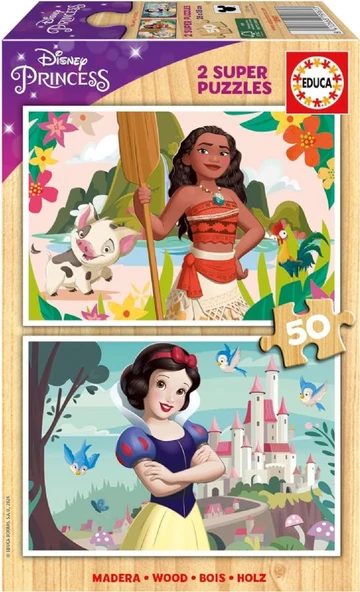 Educa 2x50 Disney Vaiana ve Pamuk Prenses Kız Çocuk Ahşap Puzzle - 4-6 Yaş
