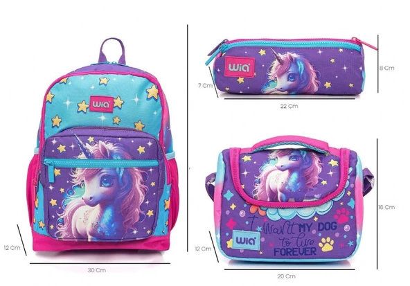 Wia Kız Çocuk Unicorn Desenli 3'lü Okul Çanta Seti - İlkokul Çanta Takımı - Resim 5