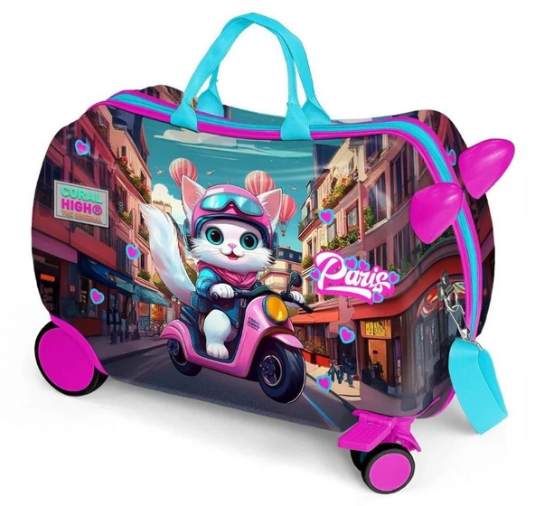 Coral High Otur-Çek Kız Çocuk Valizi - Pembe Motorlu Kedi