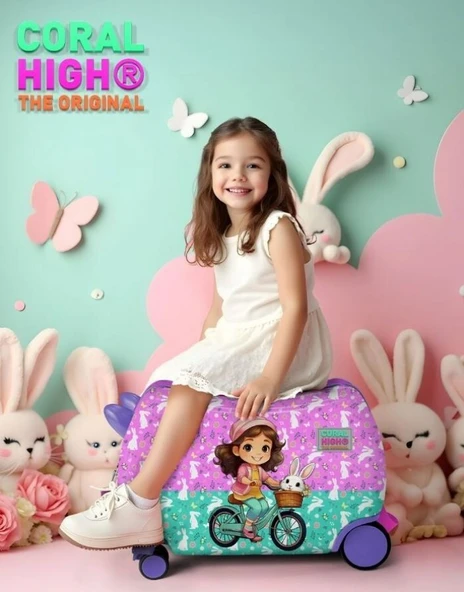 Coral High Otur-Çek Kız Çocuk Valizi - Mor Pembe Bisikletli Kız - 2
