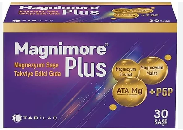 MAGNIMORE PLUS ATA + P5P SAŞE, MAGNEZYUM VE B6 VİTAMİNİ İÇEREN TAKVİYE EDİCİ GIDA 30 saşe