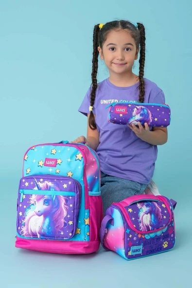 Wia Kız Çocuk Unicorn Desenli 3'lü Okul Çanta Seti - İlkokul Çanta Takımı - Resim 2