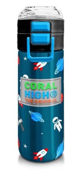 Coral High 500 ml Pipetli ve Direkt İçim Çelik Termos/Matara - Erkek Çocuk -  Çivit Kırmızı Uzay Desenli