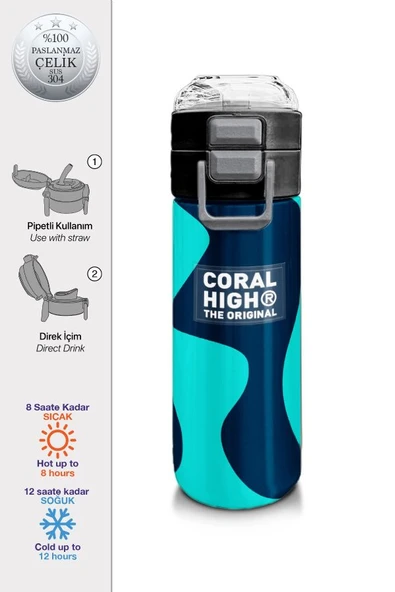 Coral High Erkek Çocuk İçin 500 ml'lik Paslanmaz Çelik Termos/Suluk - Lacivert Turkuaz Desenli - Resim 2