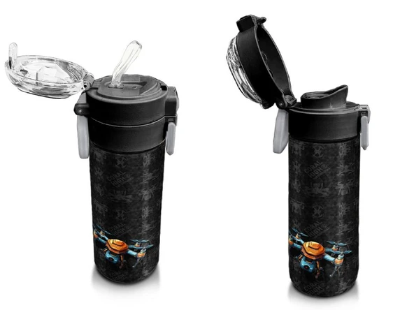 Coral High 500 ml Paslanmaz Çelik Okul Termosu/Suluk/Matara - Erkek Çocuk - Siyah Drone Desenli  - Sızdırma Yapmaz - Resim 4