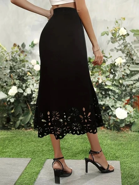 Kadın Yüksek Bel Lazer Kesim Detaylı Midi Ithal Krep Etek - Resim 4