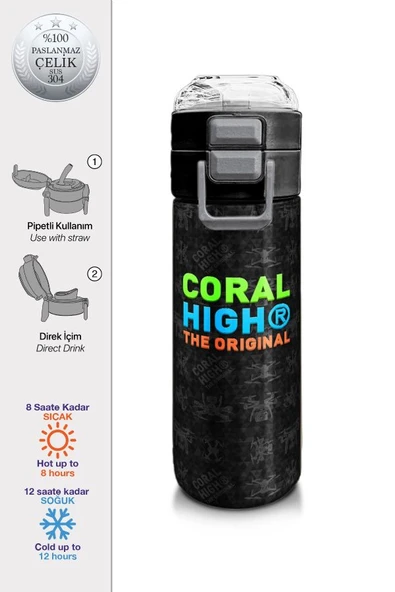 Coral High 500 ml Paslanmaz Çelik Okul Termosu/Suluk/Matara - Erkek Çocuk - Siyah Drone Desenli  - Sızdırma Yapmaz - Resim 2