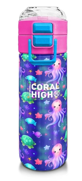Coral High Kız Çocuk İçin 500 ml'lik Paslanmaz Çelik Termos/Suluk - Lavanta Turkuaz Deniz Temalı