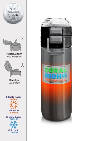 Coral High 500 ml Gri Turuncu Renk Geçişli - Erkek Çocuk Paslanmaz Çelik Okul Termosu/Suluk/Matara - 2