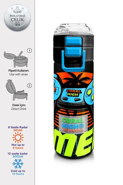 Coral High 500 ml Gri Turuncu Gamer Desenli - Erkek Çocuk Paslanmaz Çelik Okul Termosu/Suluk/Matara - 2