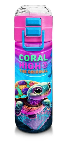 Coral High Kız Çocuk 500 ml Okul ve Günlük Paslanmaz Çelik Termos - Pembe Mor Kaplumbağa Desenli - Sızdırmaz