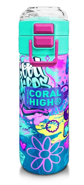 Coral High Kız Çocuk İçin 500 ml'lik Paslanmaz Çelik Termos/Suluk - Lavanta Su Yeşili Grafiti Desenli