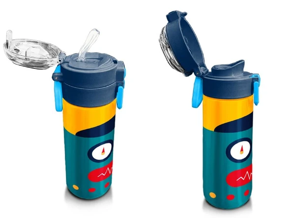 Coral High 500 ml Lacivert Çivit Robot Desenli - Erkek Çocuk Paslanmaz Çelik Okul Termosu/Suluk/Matara - 4