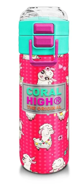 Coral High 500 ml Kız Çocuk Pipetli Termos/Matara - Neon Mercan SuYeşili Alpaka Desenli  - Çift Kullanım Özelliği