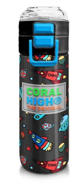 Coral High 500 ml Koyu Gri Kırmızı Uzay Desenli  - Erkek Çocuk Paslanmaz Çelik Okul Termosu/Suluk/Matara