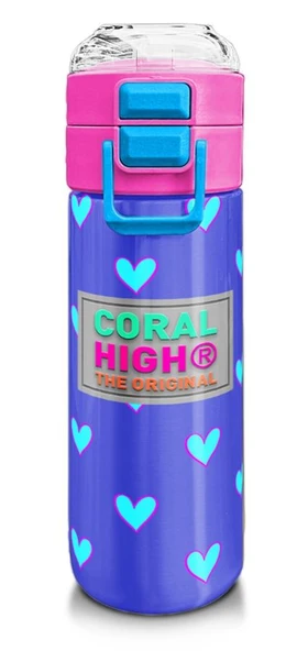 Coral High Kız Çocuk İçin 500 ml'lik Paslanmaz Çelik Termos/Suluk - Lavanta Pembe Kalp Baskılı