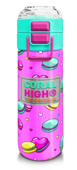 Coral High 500 ml Pipetli ve Direkt İçim Çelik Termos/Matara - Kız Çocuk -  Açık Pembe Su Yeşili Makaron Desenli