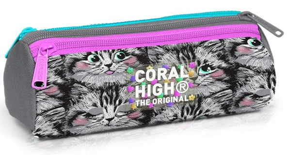 Coral High Üç Gözlü Okul Kalem Çantası - Kız Çocuk - Gri Pembe Kedi