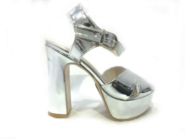 Çarıkçım 12 cm Topuklu Platformlu Kadın Ayakkabı Gümüş-Ayna 114 85