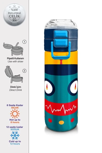 Coral High 500 ml Lacivert Çivit Robot Desenli - Erkek Çocuk Paslanmaz Çelik Okul Termosu/Suluk/Matara - 2