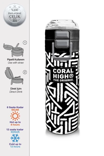 Coral High 500 ml Paslanmaz Çelik Okul Termosu/Suluk/Matara - Erkek Çocuk - SiyahBeyaz Geometrik Desenli - Sızdırma Yapmaz - 2