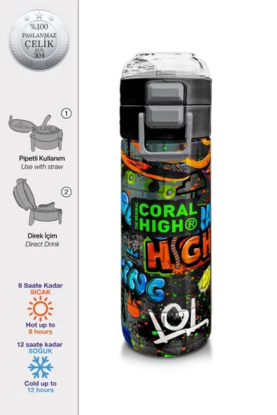 Coral High Çelik Matara Termos/Suluk 31972 - 500ml, Erkek Çocuk - Siyah Mavi Grafiti Desenli - Resim 2