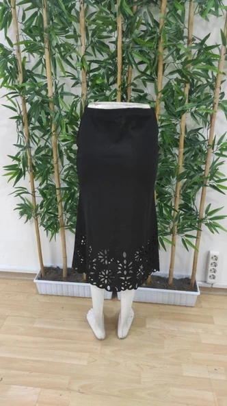 Kadın Yüksek Bel Lazer Kesim Detaylı Midi Ithal Krep Etek - Resim 7