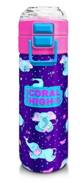 Coral High Kız Çocuk İçin 500 ml'lik Paslanmaz Çelik Termos/Suluk - Mor Pembe Fil Desenli