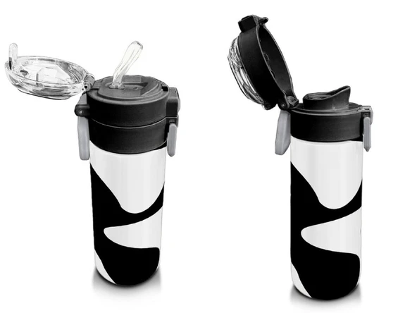 Coral High 500 ml Paslanmaz Çelik Okul Termosu/Suluk/Matara - Erkek Çocuk - Siyah Beyaz Desenli  - Sızdırma Yapmaz - Resim 4