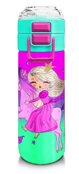 Coral High 500 ml Pipetli ve Direkt İçim Çelik Termos/Matara - Kız Çocuk -  Açık Pembe Mor Unicornlu Prenses Desenli