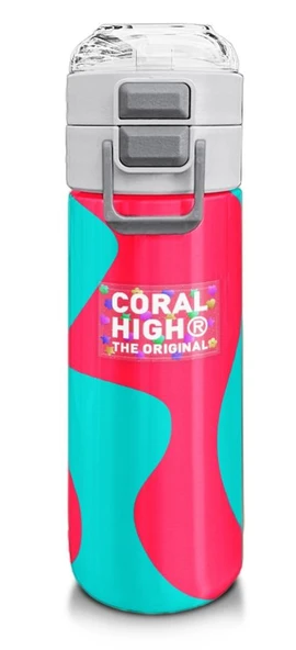 Coral High 500 ml Kız Çocuk Pipetli Termos/Matara - Neon Mercan Turuncu Desenli - Çift Kullanım Özelliği