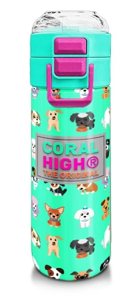 Coral High 500 ml Paslanmaz Çelik Okul Termosu/Suluk/Matara - Kız Çocuk - Su Yeşili Neon Pembe Köpek Desenli - Sızdırma Yapmaz