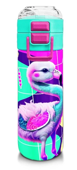 Coral High Kız Çocuk 500 ml Okul ve Günlük Paslanmaz Çelik Termos - Pembe Su Yeşili Flamingo Desenli  - Sızdırmaz