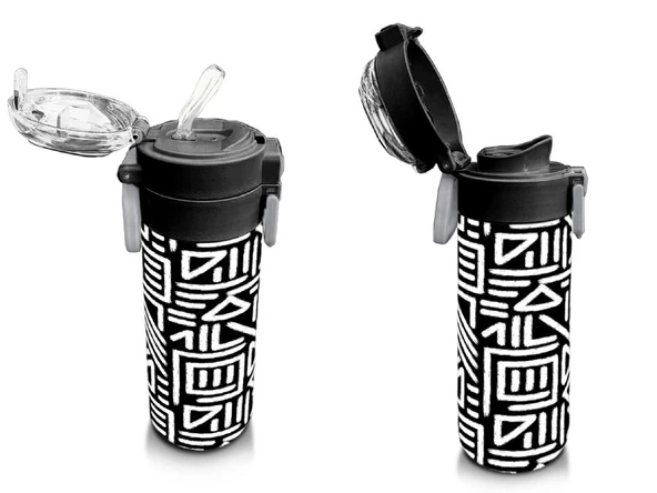 Coral High 500 ml Paslanmaz Çelik Okul Termosu/Suluk/Matara - Erkek Çocuk - SiyahBeyaz Geometrik Desenli - Sızdırma Yapmaz - 4