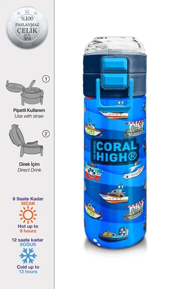 Coral High Çelik Matara Termos/Suluk 31973 - 500ml, Lacivert Mavi Gemi Desenli - Erkek Çocuk - Resim 2