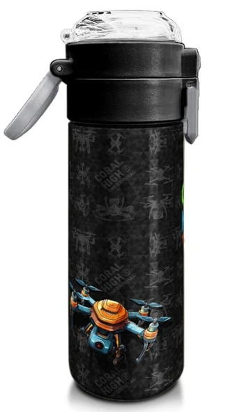 Coral High 500 ml Paslanmaz Çelik Okul Termosu/Suluk/Matara - Erkek Çocuk - Siyah Drone Desenli  - Sızdırma Yapmaz - Resim 3