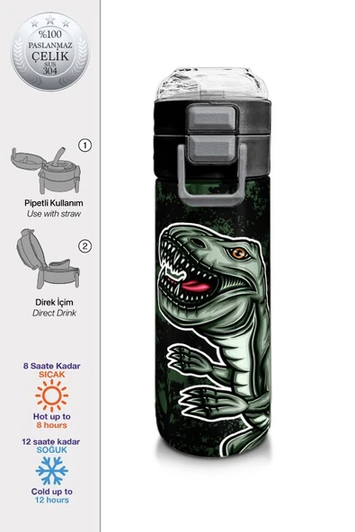 Coral High 500 ml Koyu Yeşil Siyah Dinozor Desenli  - Erkek Çocuk Paslanmaz Çelik Okul Termosu/Suluk/Matara - 2