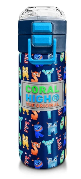 Coral High Erkek Çocuk İçin 500 ml'lik Paslanmaz Çelik Termos/Suluk - Lacivert Neon Sarı Desenli