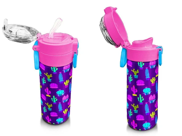 Coral High Kız Çocuk İçin 500 ml'lik Paslanmaz Çelik Termos/Suluk - Mor Pembe Kaktüs Desenli - 4