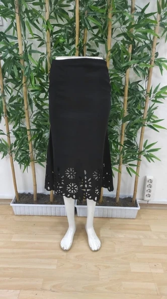 Kadın Yüksek Bel Lazer Kesim Detaylı Midi Ithal Krep Etek - Resim 5